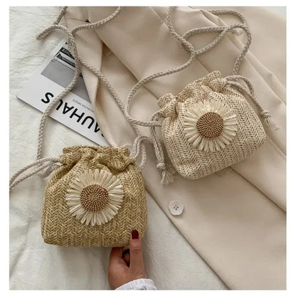 1-2PCS Fashion Shoulder Bags Women Straw Drawstring Bucket Bag Flower Embroidery Beach Bags Summer Ladies Crossbody Handbags