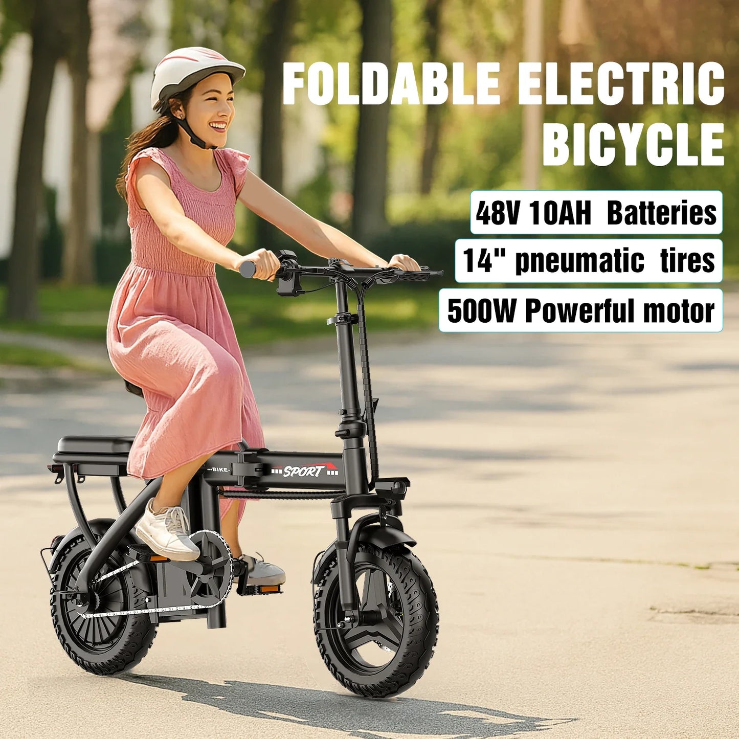 Ebike Z6 500W 48V10AH,20MPH 14' Mini Ebike for City Commuter, Folding Electric Bicycle for Adult with Two Seats UL2849
