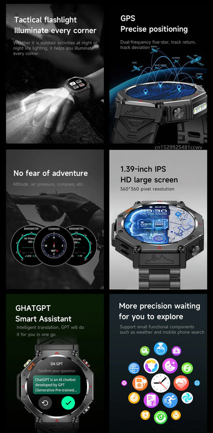 KC91 Smart Watch 530mAh Battery LED Flashlight Compass Altitude Air Pressure Bluetooth Call Fitness Tracker Wearable Devices