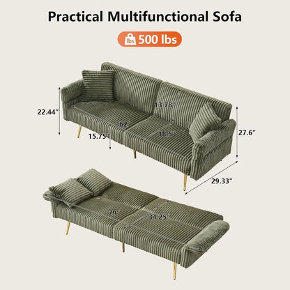 79 inch Corduroy Sofa Bed, Foldable Double Sofa Bed with Folding armrests, Suitable for Living Rooms and Small Spaces (Green)
