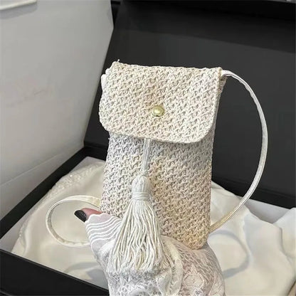 Beachside Mobile Phone Bag and Coin, Tassel Woven Women's Mini Shoulder Crossbody Bag, Very Suitable for Daily Travel Shoppin
