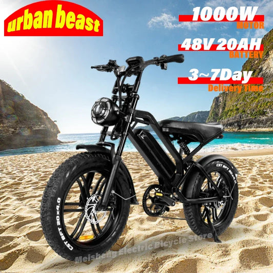 Ebike V20 1000W 48V 20AH Back Seat Fat Tire Electric Bike Beach Cruiser Off-Road Electric Bike Adult Mountain Electric Bike