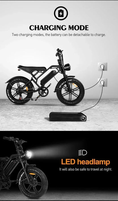 Ebike V20 1000W 48V 20AH Back Seat Fat Tire Electric Bike Beach Cruiser Off-Road Electric Bike Adult Mountain Electric Bike