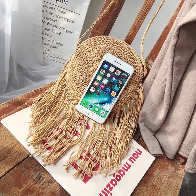 Handmade Cotton Woven Knitted Tassel Crossbody Bag Vintage Shoulder Messenger Bag Female Fashion Beach Summer Handbags for Women