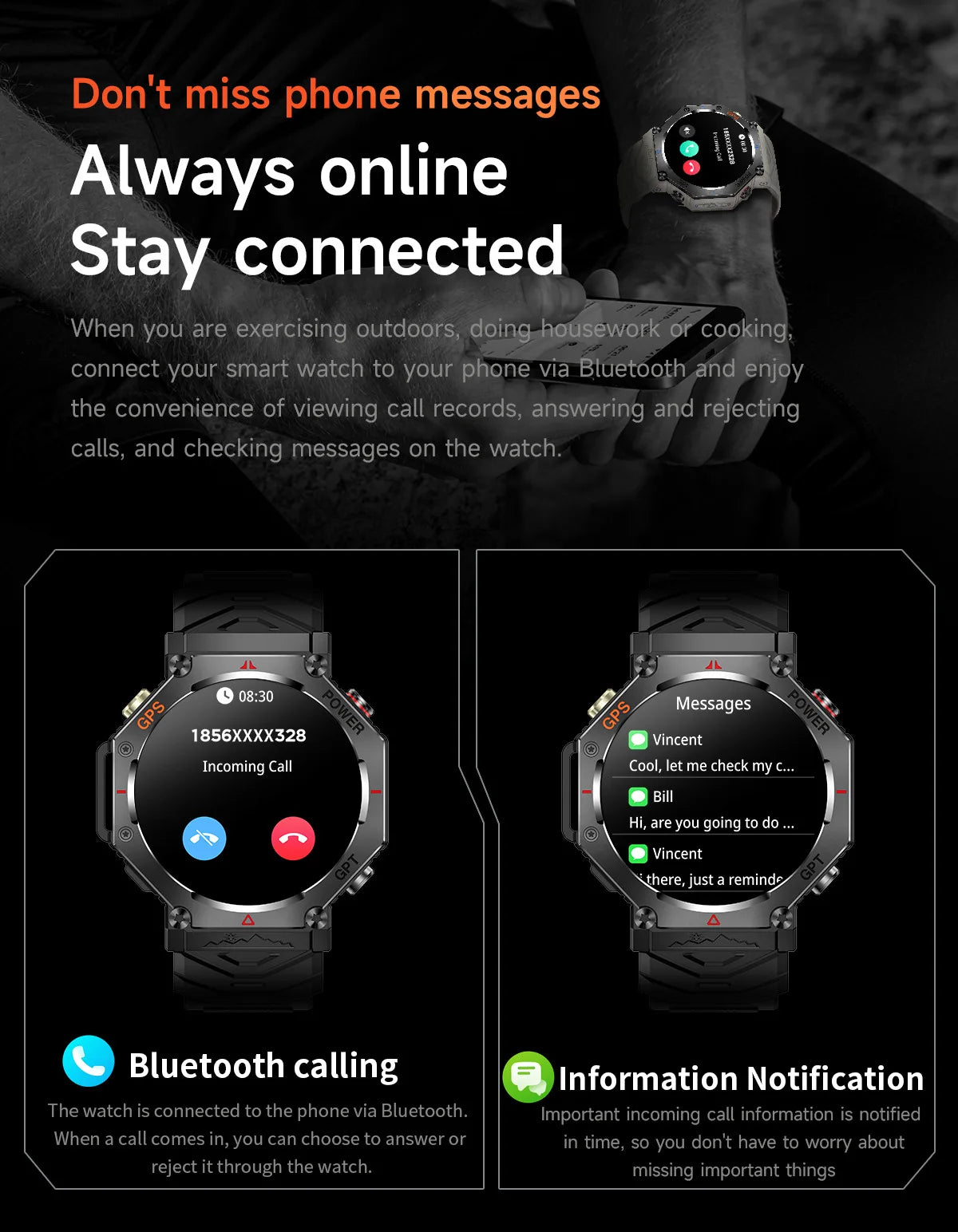 KC91 Smart Watch 530mAh Battery LED Flashlight Compass Altitude Air Pressure Bluetooth Call Fitness Tracker Wearable Devices