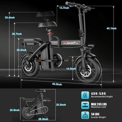 Ebike Z6 500W 48V10AH,20MPH 14' Mini Ebike for City Commuter, Folding Electric Bicycle for Adult with Two Seats UL2849