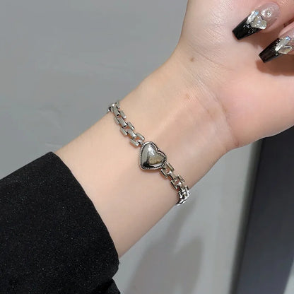 Stainless Steel Bracelet New Fine Jewelry Hip Hop Punk Watch Band Chain Love Heart Charm Thick Chain Bracelets for Women