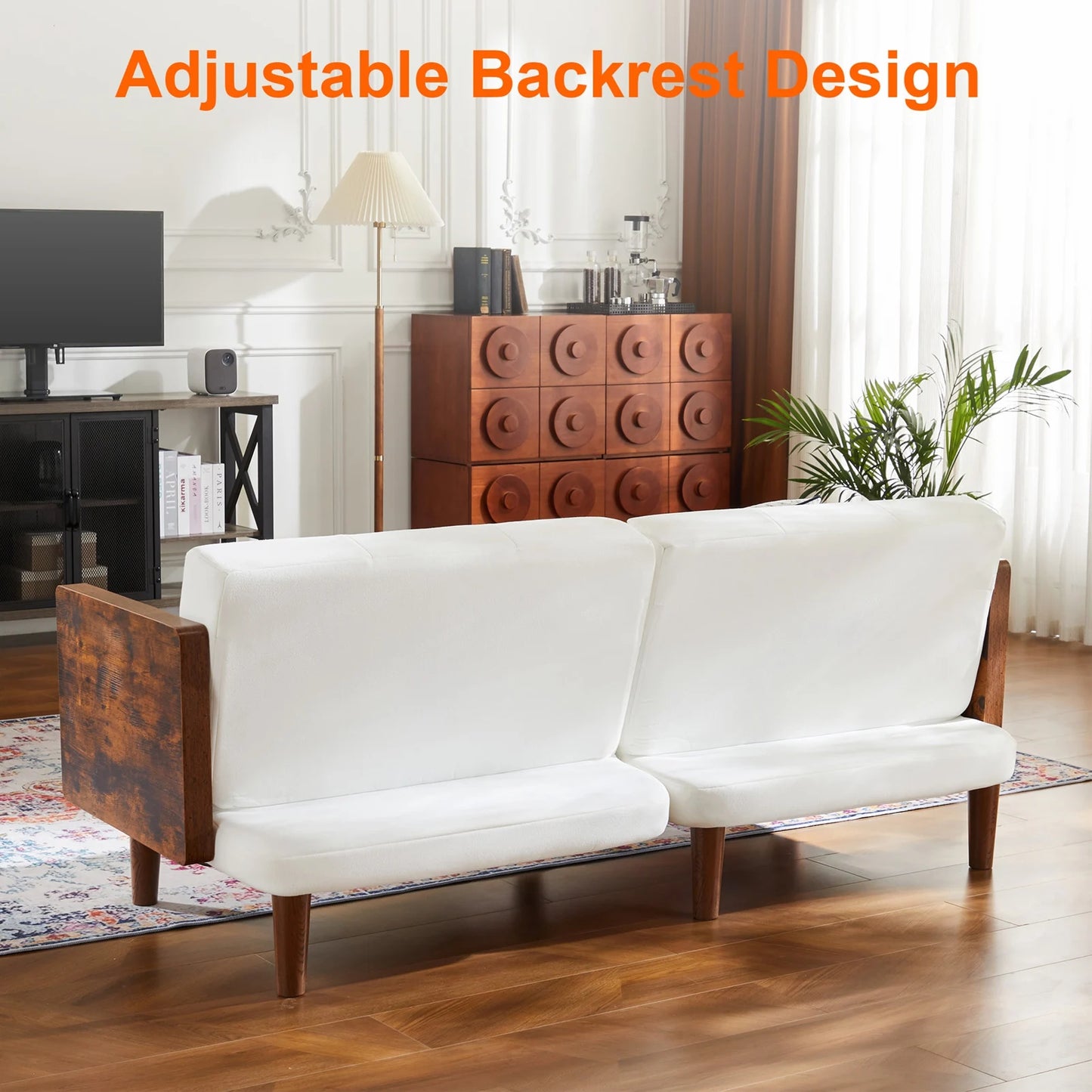 Sofa Bed Twin 71in Wide Cotton Fabric Cushion Back Upholstered Arm 14 Segments Adjustable Angle Lengthen Beige Sofa Bed Couch