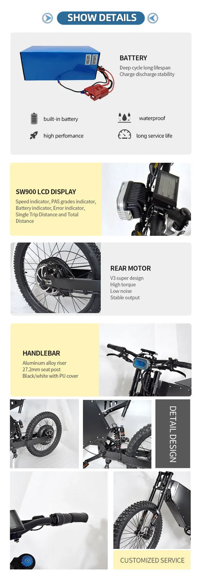 New style Super  bomber 3000w power  electric city bike 48V  31.2AH Lithium battery 20 inch tires enduro ebike for adults