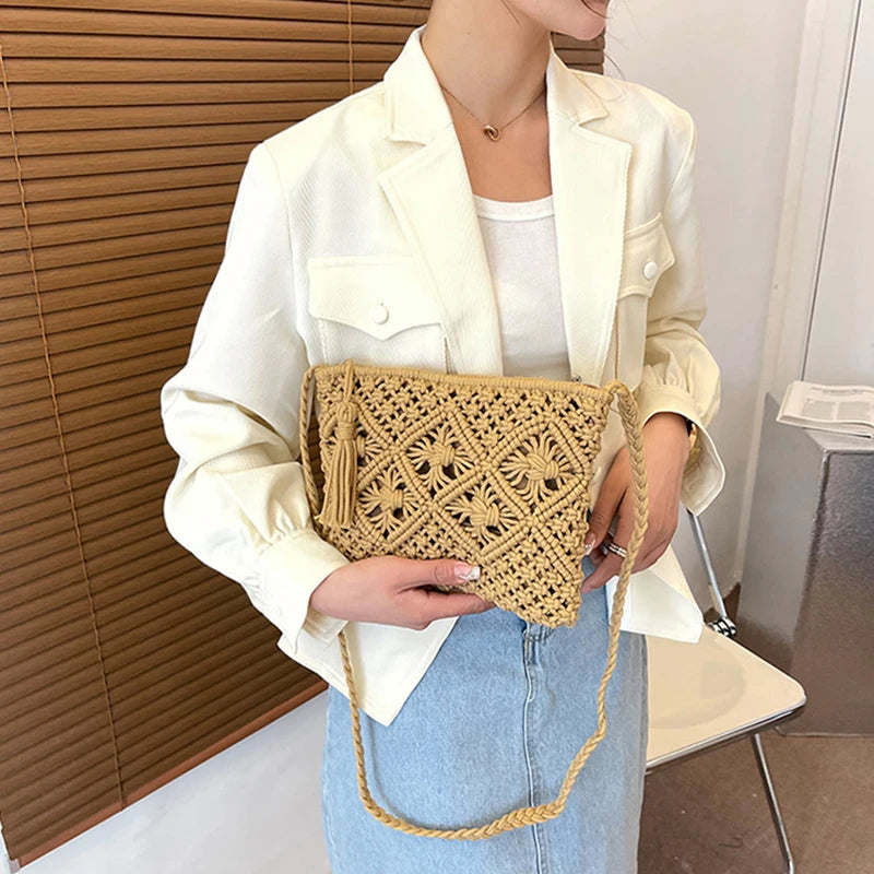 Handmade Cotton Woven Knitted Tassel Crossbody Bag Vintage Shoulder Messenger Bag Female Fashion Beach Summer Handbags for Women