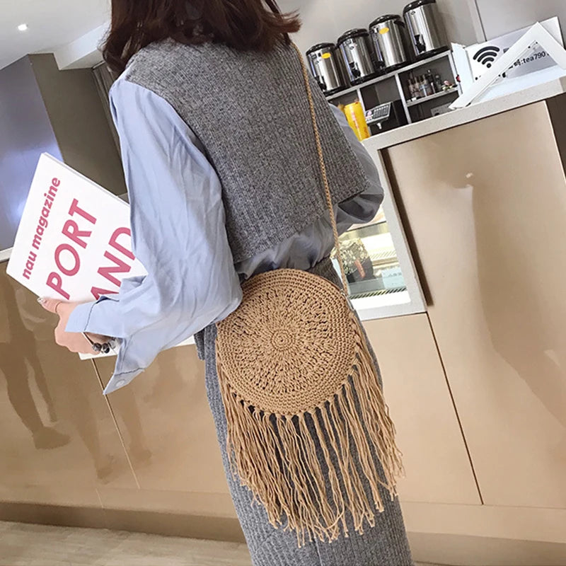 Handmade Cotton Woven Knitted Tassel Crossbody Bag Vintage Shoulder Messenger Bag Female Fashion Beach Summer Handbags for Women
