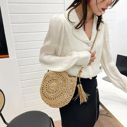 Rattan Woven Women Straw Crossbody Bag Small Clutch Purse and Handbag Summer Beach Bag Woman Tassel Shoulder Messenger Bag