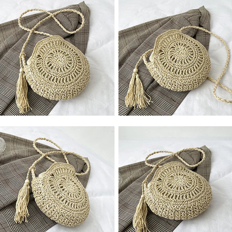 Rattan Woven Women Straw Crossbody Bag Small Clutch Purse and Handbag Summer Beach Bag Woman Tassel Shoulder Messenger Bag