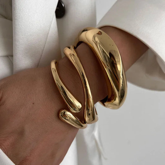 2 Styles Vintage Hip Hop Metal Cuff Bangles Punk Golden Silver Color Geometric Spring Bangles For Women Bracelet Men Jewelry