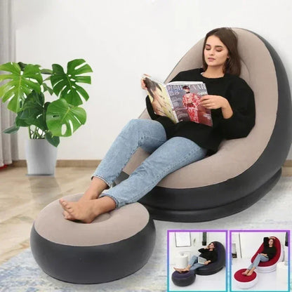 Lazy Sofa Inflatable PVC Flocking Foldable Recliner Outdoor Convenient Lying Chair with Footstool Plush Sofa Beach Park Air Bed