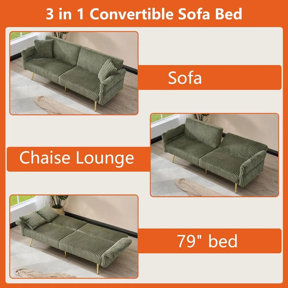 79 inch Corduroy Sofa Bed, Foldable Double Sofa Bed with Folding armrests, Suitable for Living Rooms and Small Spaces (Green)