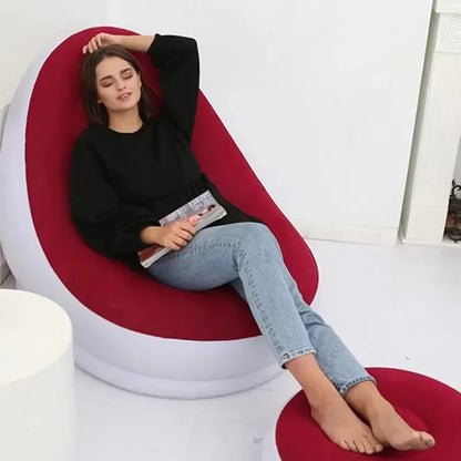 Lazy Sofa Inflatable PVC Flocking Foldable Recliner Outdoor Convenient Lying Chair with Footstool Plush Sofa Beach Park Air Bed
